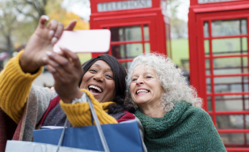 Middle aged women taking selfie on phone First guaranty Bank secured Credit Card Adults traveling